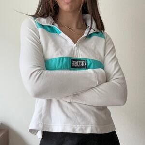 PINK Victoria's Secret Half Zip Hoodie White Teal Colorblock XS Mock Neck Fleece